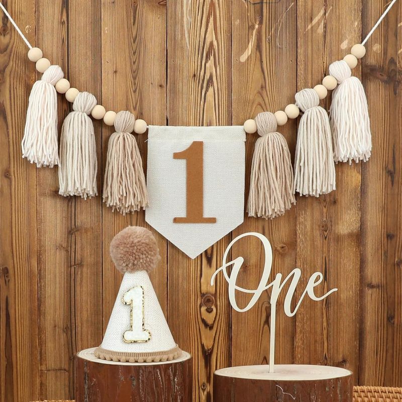 Photo 1 of First Birthday Party Decorations Light Brown High Chair Banner 1st Birthday Crown One Cake Topper 1st Birthday Decor