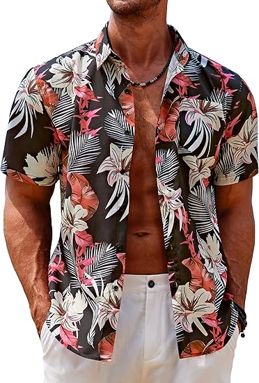 Photo 1 of Medium COOFANDY Mens Hawaiian Tropical Shirt Short Sleeve Casual Button Down Floral Summer Beach Shirts with Pocket