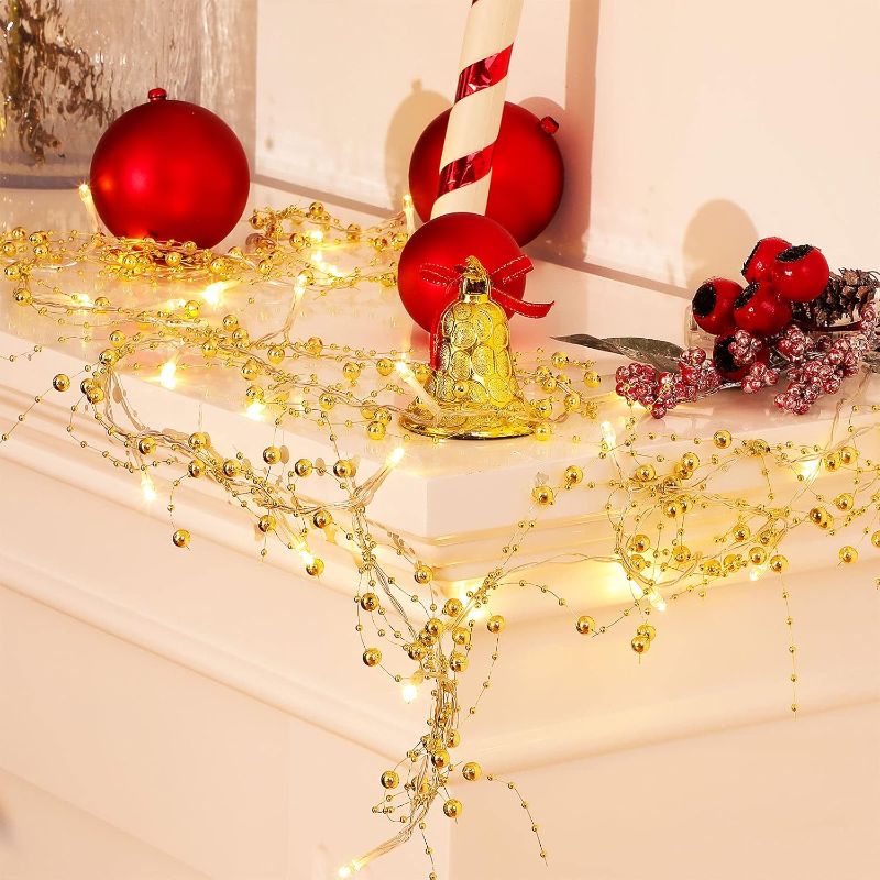 Photo 1 of 10 Feet 30 LED Christmas Light Metal Berry Beaded Garland Indoor Christmas String Lights for Fireplace Mantel Indoor Christmas Light Decorations (Gold)