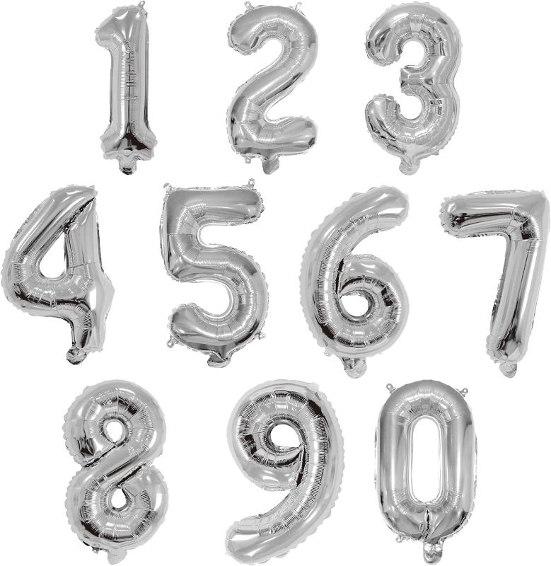 Photo 1 of 16 Inch Foil Mylar Number Balloons 0-9 for Party Decoration (Silver)