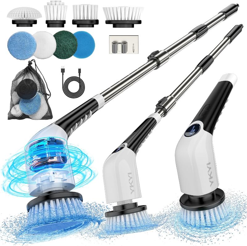 Photo 1 of YKYI Electric Spin Scrubber,Cordless Cleaning Brush,Shower Cleaning Brush with 8 Replaceable Brush Heads, Power Scrubber 3 Adjustable Speeds,Adjustable & Detachable Long Handle,Voice Broadcast