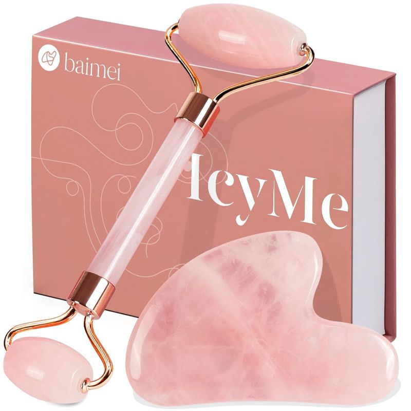 Photo 1 of BAIMEI IcyMe Jade Roller & Gua Sha, Face Roller Redness Reducing Skin Care Tools, Self Care Pink Gift for Men Women, Massager for Face, Eyes, Neck, Relieve Fine Lines and Wrinkles - Rose Quartz