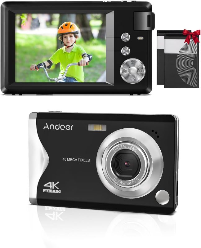 Photo 1 of Andoer Digital Camera 4K Kids Camera, Portable 3.0'' TFT, 16X Zoom, Auto Focus, Self-Timer, Face Detection, Anti-Shaking, Includes 2 Batteries & Hand Strap - Ideal Gift for Children