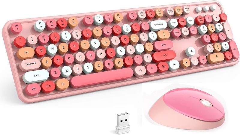 Photo 1 of Pink Wireless Keyboard and Mouse, KOOTOP Cute Pink Keyboard and Mouse, 2.4G Wireless Keyboard Pink with Retro Round Keycap for PC, Mac, Laptop,Tablet,Computer Windows (Pink)