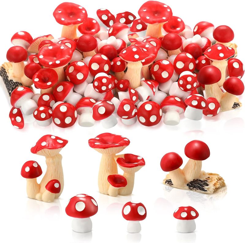 Photo 1 of 120 Pcs Bulk Cute Tiny Mushrooms Mini Figurines Little Mushroom Indoor Outdoor Decor Garden Mushroom Figurines Miniature Mushrooms Fairy Ornament for Plant Micro Landscape Bonsai Craft (Red)