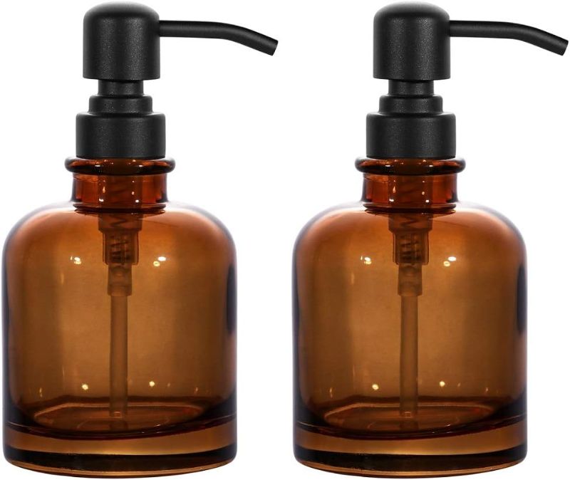 Photo 1 of 2 PCS Thick Amber Glass Jar Soap Dispenser with Matte Black Stainless Steel Pump, 12ounce Boston Round Bottles Dispenser with Rustproof Pump for Essential Oil (Matte Black)