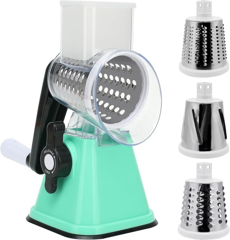 Photo 1 of Cheese Graters with Handle, Manual Cheese Shredder Rotary Grater with 3 Replaceable Drum Blades for Vegetables, Fruit, Food, Nuts