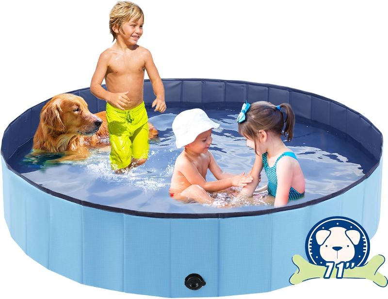 Photo 1 of Foldable Dog Bath Swimming Pool 71'' Plastic Kiddie Pool Professional Tub Collapsible Grooming Bathtub for Pets Kids Baby and Toddler, 71 x 12 Inches Blue