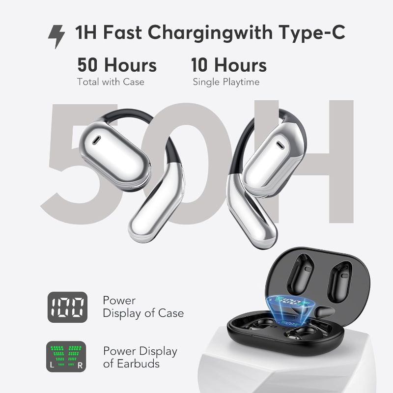 Photo 2 of EUQQ Open Ear Bluetooth 5.4 Headphones, Wireless Earbuds Sport Over Earphones Built-in Mic with Ear Hooks 50H Playtime Ear Buds LED Display Charging Case, Waterproof Design for Running Fitness, Black