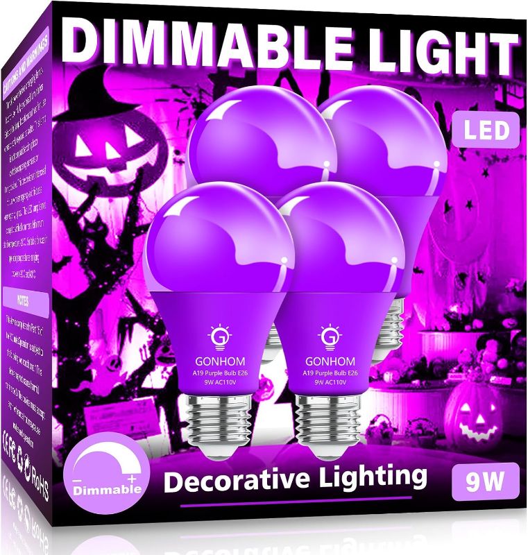 Photo 1 of 4 Pack A19 LED Purple Light Bulb,9 Watt Purple Lights Equivalent 100 Watt Colored Light Bulbs,E26 Base Purple LED Lights for Party Decoration, Holiday Lighting,Halloween Light Bulbs