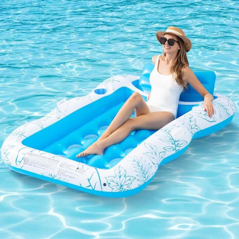 Photo 1 of Inflatable Adult Pool Lounger Float - BAIAI Large Beach Sun Tanning Floaty Raft Sunbathing Water Lounge Floaties Tub with Drink Holder - Blow Up River & Lake Suntan Floating Swimming Mattress Mat