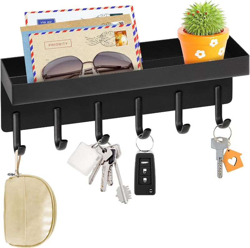 Photo 1 of Key Holder Wall Mount, Small Metal Key Rack with Tray Adhesive Key Hanger Storge Key Mail Holder Key Organizer with 6 Key Hooks for Entryway Doorway Hallway Camper RV - Matte Black