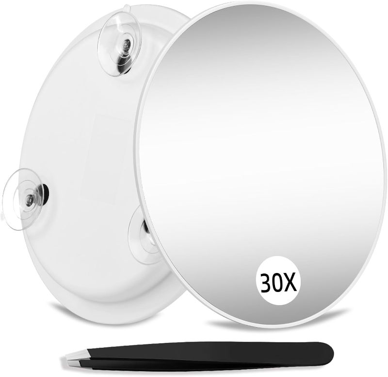 Photo 1 of Magnifying Mirror 30X with Suction Cups, Large 6inch Travel 30X Magnified Mirror Round Makeup Mirror with High Magnification, Make up Mirror with Tweezers Sets