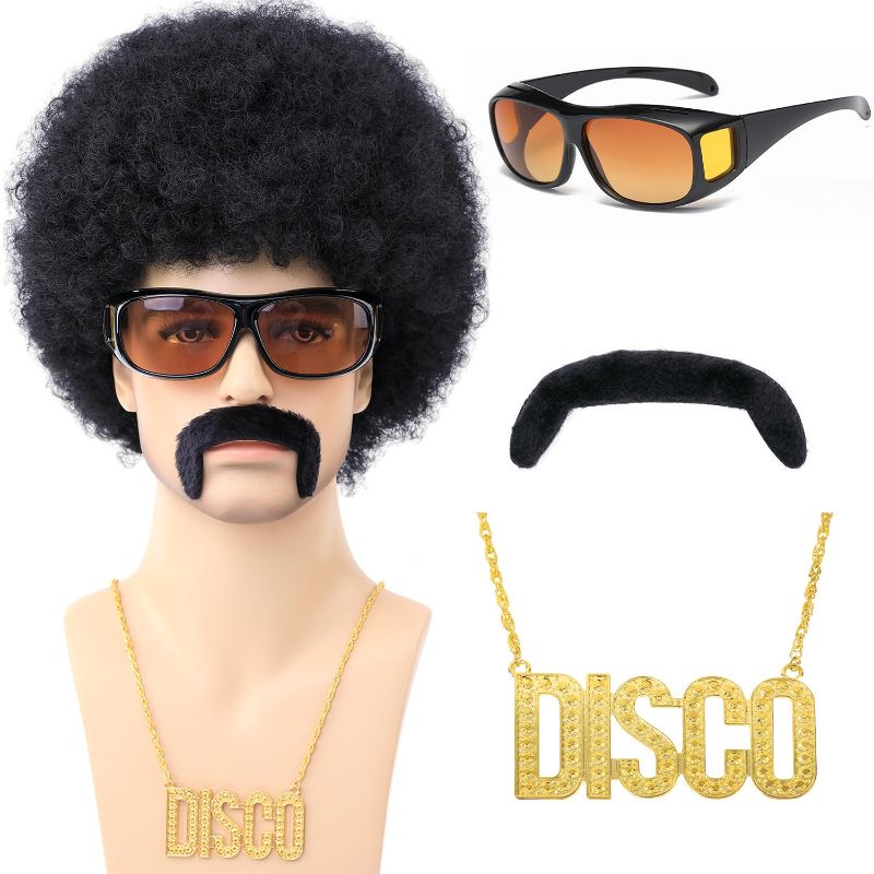 Photo 1 of 70s Afro Wig for Men with Mustache Glasses and Disco Chain Short Black Curly Afro Wig 70’s 80s Rock Synthetic Hair Wig for Hippie Rocker Costume Cosplay Halloween Party (Black)