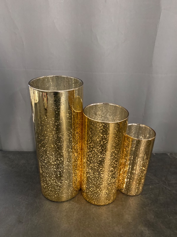 Photo 2 of Glittery Gold Cylinder Vase for Centerpieces - Set of 3 Round Tall Vase, Modern Mercury Glass Vase Hurricane Candle Holder for Floating Candles,Wedding, Party, Family, Table Decorations (Gold)