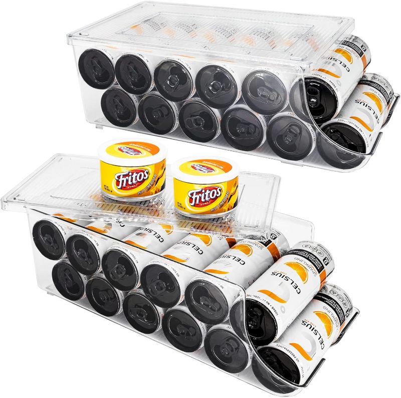 Photo 1 of 2 Pack Skinny Can Organizer for Refrigerator, Stackable Tall Skinny Soda Pop Can Holder Dispenser with Lid for Fridge Pantry Rack Freezer, Clear Plastic Storage Bins-Holds 12 Slim Cans Each