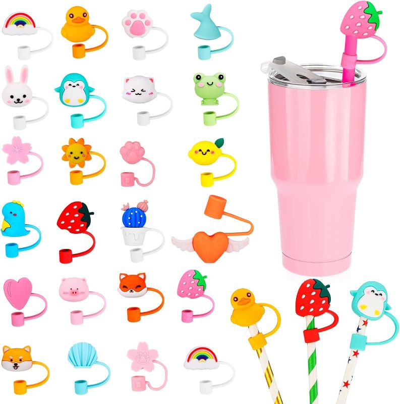 Photo 1 of 24 Pcs Straw Covers Caps Silicone Straw Tips Cover Reusable Drinking Straw Tips Lids Cute Cartoon Anti-dust Straw Plug for 6mm Straws Splash Proof Home Kitchen Accessories (not Include Straw)