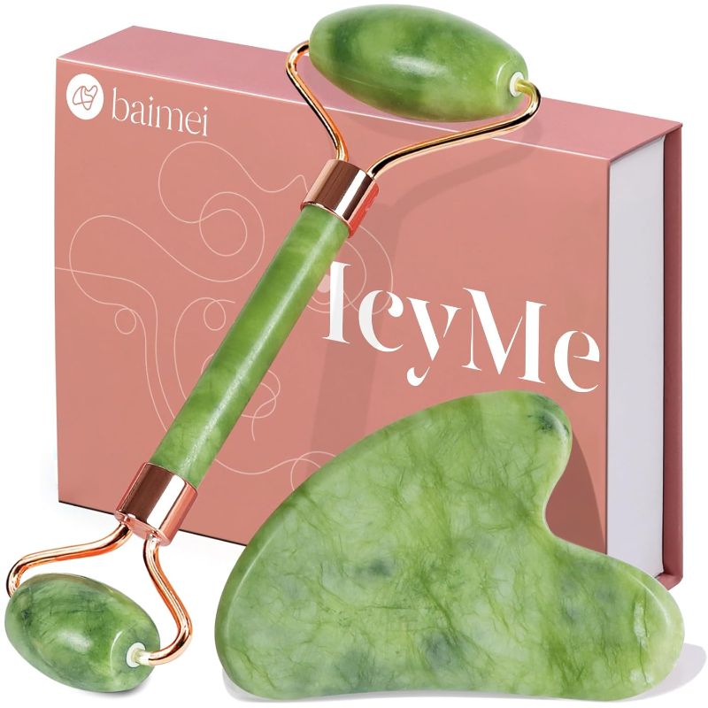 Photo 1 of BAIMEI IcyMe Gua Sha & Jade Roller Facial Tools Face Roller and Gua Sha Set for Puffiness and Redness Reducing Skin Care Routine, Self Care Gift for Men Women - Green