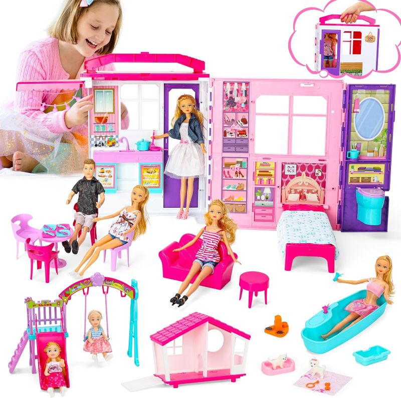 Photo 1 of Doll House Portable & Foldable Dollhouse w/ 60+ Pcs & 2 Dolls, Play House Toy with Bedroom Bathroom Kitchen Furniture Playset, Playhouse Birthday Gift for Girl Kid Toddler