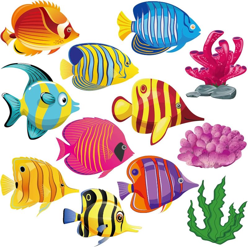 Photo 1 of 48 Pcs Fish Cutouts Paper Colorful Classroom Decoration Ocean Sea Animal Cutouts Accents Tropical Fish Accents Cutouts with Glue Point Dots for Bulletin Board School 5.9 x 5.9 Inch