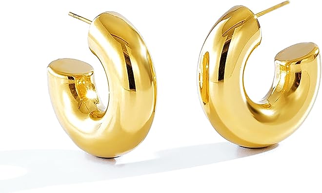 Photo 1 of CONRAN KREMIX Chunky Gold Hoops Earrings for Women,Thick 18K Real Gold Circle Open Hoop,Lightweight Hollow Earrings For Women Trendy,Water Proof,Gold Jewelry