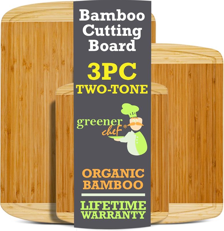 Photo 1 of GREENER CHEF Organic Bamboo Cutting Board Set of 3 with Lifetime Replacements - Wood Cutting Board Set with Juice Groove - Wooden Chopping Board Set for Kitchen, Meat, Vegetables and Cheese