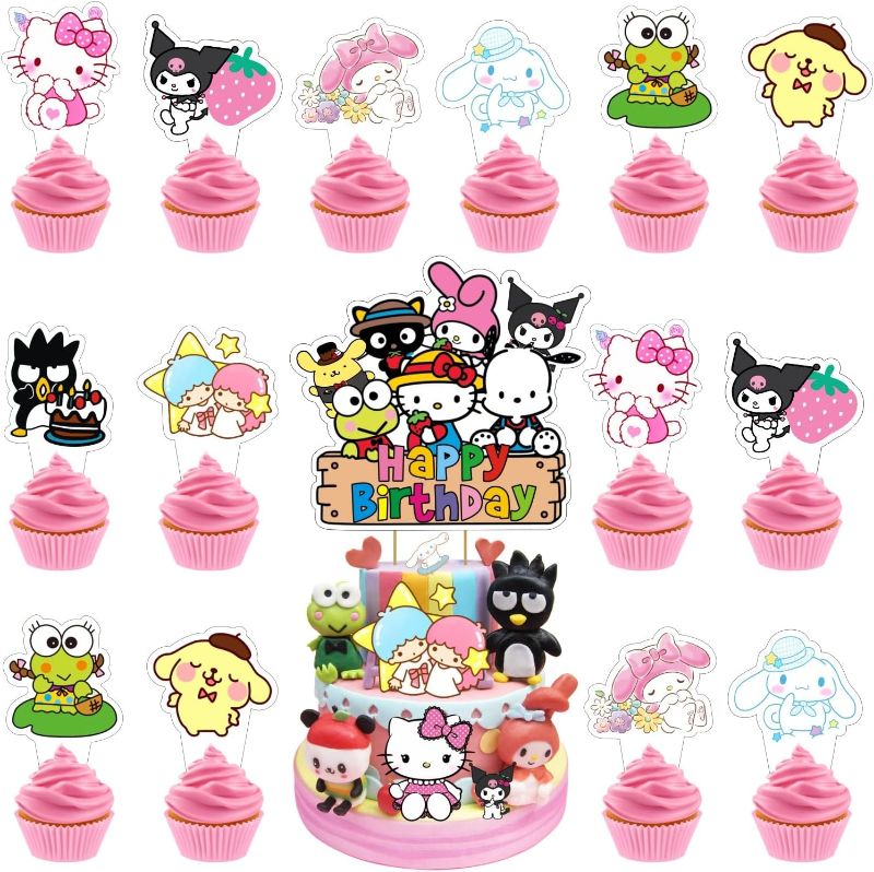 Photo 1 of 25Pcs Kitty and Friends Cake Topper and Cupcake Toppers Set, Cinnamoroll Kuromi and My Melody keroppi Birthday Party Supplies for Kawaii Themed Birthday Cake Decorations