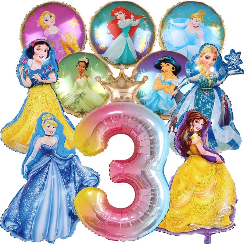 Photo 1 of 11PCS Princess Birthday Party Foil Balloons-40 Inch Rainbow Number 3 Balloons Girls Favorite Princess Baby Shower Party Decorations(Princess 3rd Birthday)