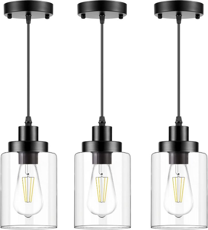 Photo 1 of Industrial Pendant Lighting, Modern Clear Glass Shade Farmhouse Adjustable Hanging Light Fixtures for Kitchen Island Living Room Bedroom Hallway, 3-Pack