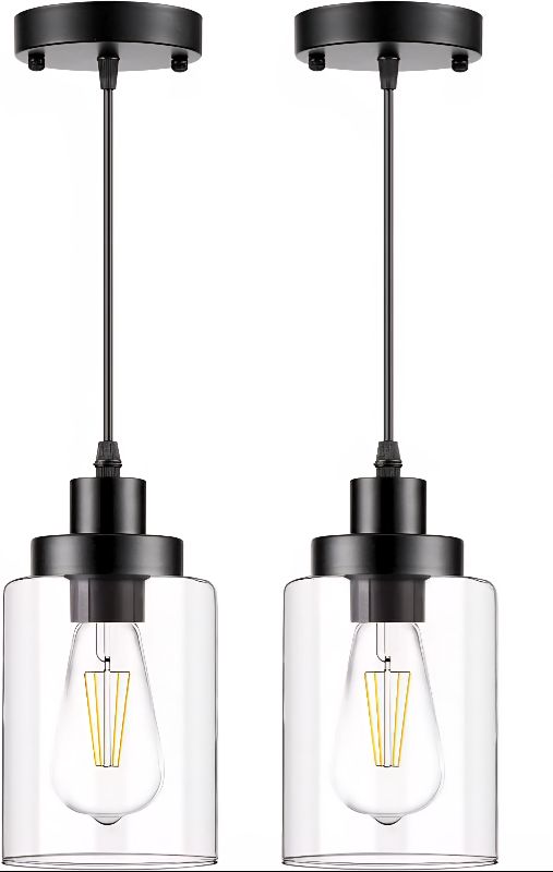 Photo 1 of Industrial Pendant Lighting, Modern Clear Glass Shade Farmhouse Adjustable Hanging Light Fixtures for Kitchen Island Living Room Bedroom Hallway, 2-Pack