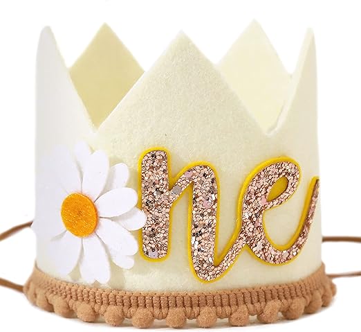 Photo 1 of Daisy 1st Birthday Crown - Groovy Hippie Style Costume Headwear, Felt Cloth, Handmade, Reusable, Velcro and Elastic Bands, Cream Brown Yellow/Orange, First Birthday Decoration for Girls