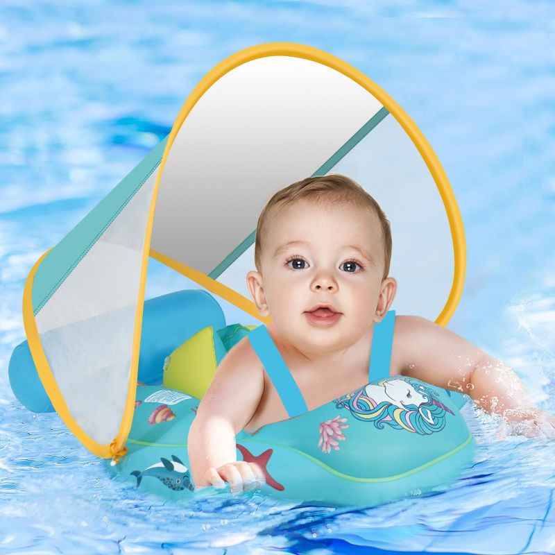 Photo 1 of Baby Swimming Pool Float with Canopy UPF50+ Sun Protection, Airbag Support Five-in-one Safety Protection, Add Tail No flip Over Inflatable Baby Pool Floaties for Pool 3-36 Months