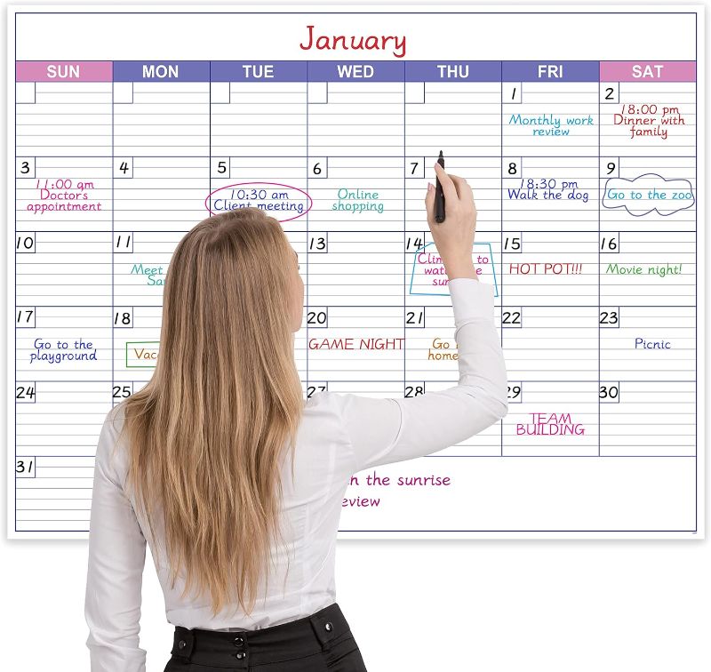 Photo 1 of Large Dry Erase Calendar for Wall - Undated 1 Month Wall Calendar, 40" x 30", Erasable & Reusable Laminated Calendar with 8 Round Stickers, Great Layout Wall Calendar Dry Erase for Home, Office and School