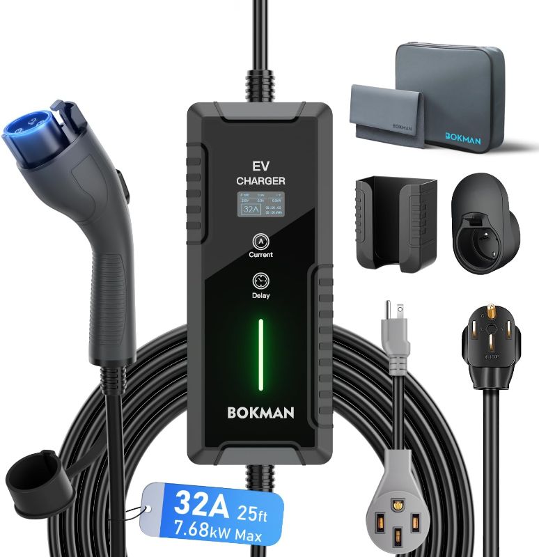 Photo 1 of bokman Portable Level 2 EV Charger (240V, 32A) with 25ft Charging Cable and NEMA 14-50 for SAE-J1772 Electric Vehicles Current Adjustable and Reservation Charging Function (NOT for Tesla)