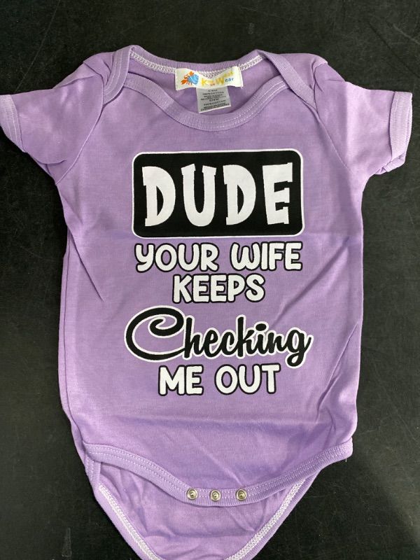 Photo 1 of 0/6 Months "Dude your wife keeps checking me out" Baby onesie Purple