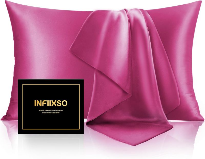 Photo 1 of INFIIXSO Mulberry Silk Pillowcase for Hair and Skin, Silk Pillow Cases Standard Size with Hidden Zipper 20"x26", Extraordinary Smooth and Soft Cooling Pillow Cases for Hot Sleepers(Hot Pink, 1 Pack)