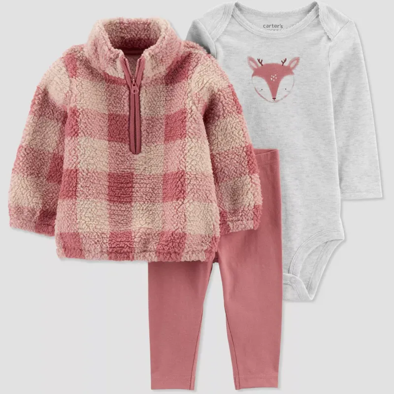 Photo 1 of 18M Carter's Just One You Baby Girls' Plaid Deer Faux Shearling Pullover & Bottom Set - Pink