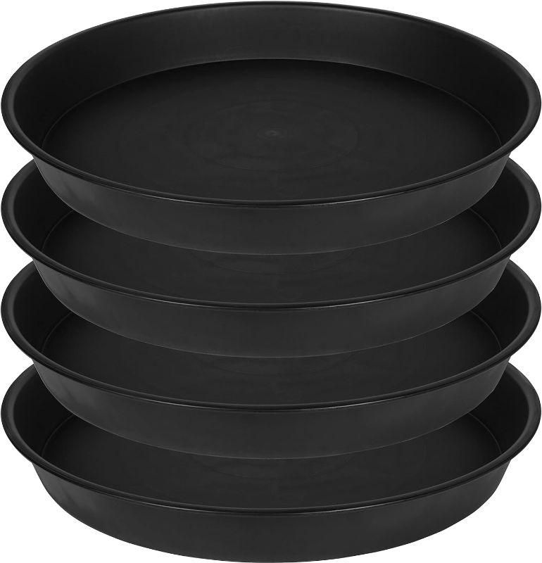 Photo 1 of 4 Pack of 16 inch Plant Saucer (13.5" Base), Heavy Duty Plastic Plant Tray for Pots, Flower Water Trays for Indoors, Bird Bath Bowls, Plant Drip Saucers for Planter 14"/15"/16" (Black)