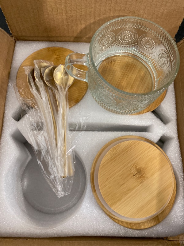 Photo 1 of 4pcs Set Vintage Coffee Mugs gifts for women, Overnight Oats Containers with Bamboo Lids and Spoons - 14oz Clear Embossed Glass Cups, Cute Coffee Bar Accessories, Iced Coffee Glasses