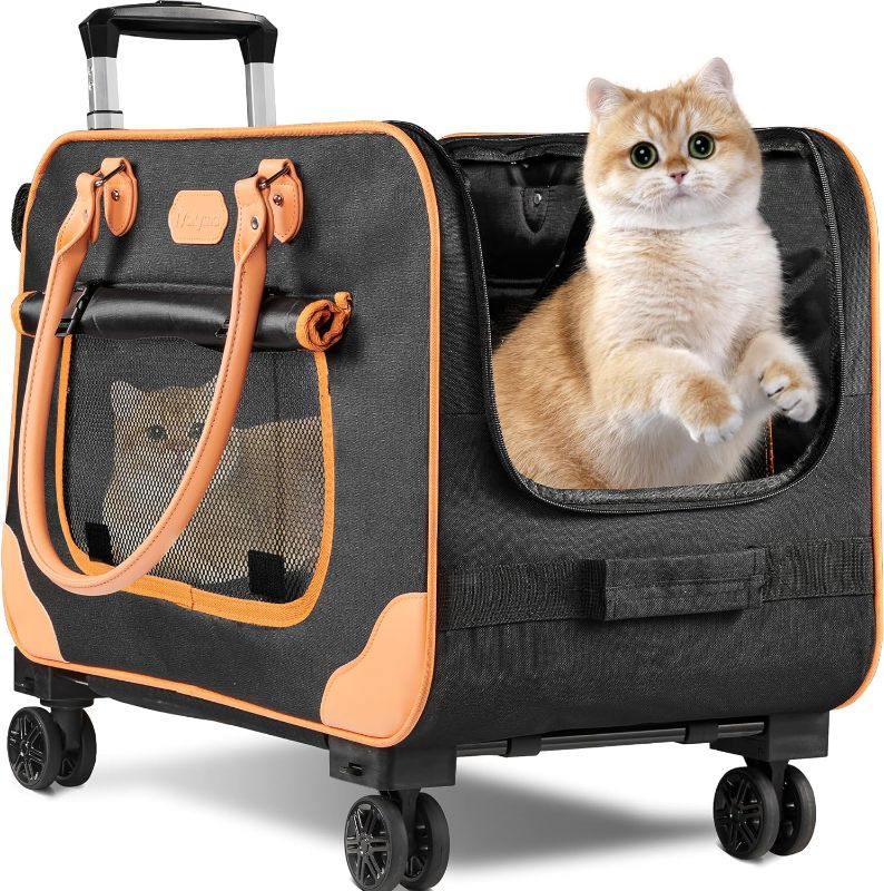 Photo 1 of Large Cat Carrier with Wheels, Rolling Cat Carrier, 24.5"x 13.8"x 15.4" Pet Carrier with Wheels for Large Cats Small Dogs up to 38 LBS, Ideal for Travel, Walking and Camping