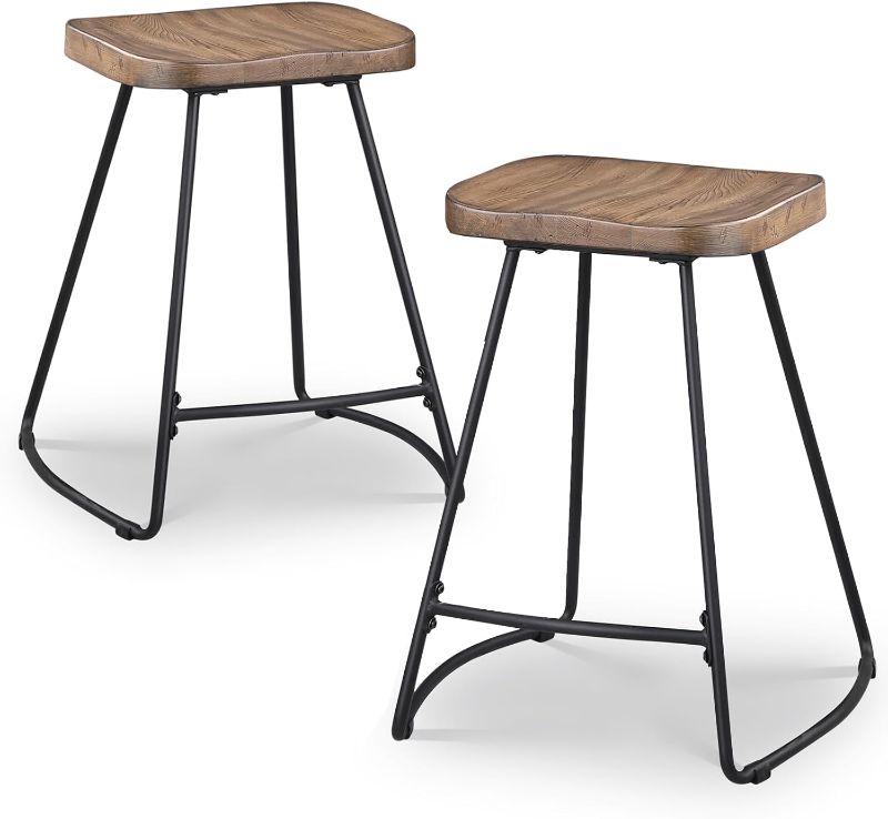 Photo 1 of 24 Inch Bar Stools Set of 2, Counter Height Bar Stools, Backless Bar Stools for Kitchen Island, Saddle Kitchen Stool with Wood Seat, Industrial, Rustic Brown Wooden, Black Metal, 624PBR