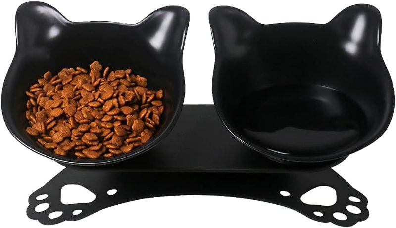 Photo 1 of Elevated Cat Bowls,Double Cat Dog Bowls,15°Tilted Raised Cat Bowls,Cat Food Bowls Protective Cat Feeder Bowl for Cats and Small Dogs