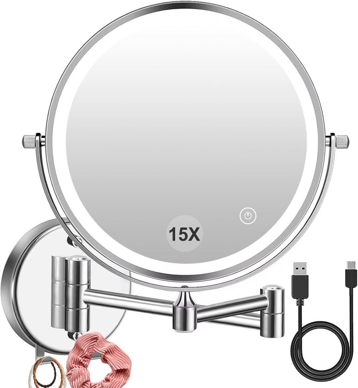 Photo 1 of 1X/15X Wall Mounted Makeup Mirror with Hook, USB Rechargeable LED 3 Color Lights Two Sided 8 Inch Magnifying Mirror, Touch Switch Intelligent Shutdown 360° Vanity Mirror for Bathroom Hotel