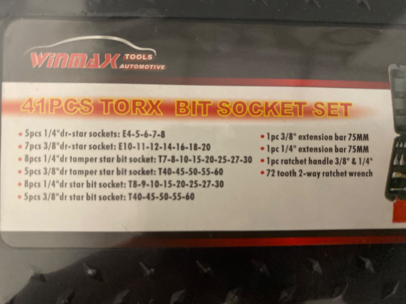 Photo 2 of AUTOMOTIVE 41PCS TORX BIT SOCKET SET
5pcs 1/4" inner diameter star sockets: E4-5-6-7-8
7pcs 3/8" inner diameter star socket: E10-11-12-14-16-18-20
8pcs 1/4" inner diameter star bit sockets: T7-8-10-15-20-25-27-30
5pcs 3/8" inner diameter star bit sockets: