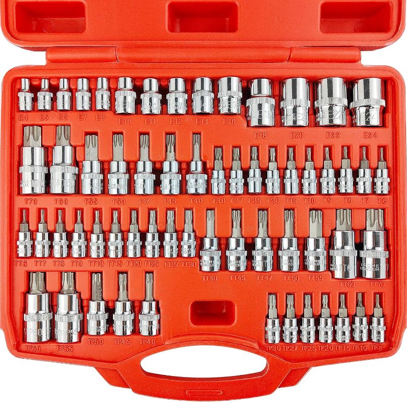 Photo 1 of AUTOMOTIVE 41PCS TORX BIT SOCKET SET
5pcs 1/4" inner diameter star sockets: E4-5-6-7-8
7pcs 3/8" inner diameter star socket: E10-11-12-14-16-18-20
8pcs 1/4" inner diameter star bit sockets: T7-8-10-15-20-25-27-30
5pcs 3/8" inner diameter star bit sockets: