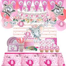 Photo 1 of VEWIOR Pink Elephant Party Supplies for Girls- Pink Elephant Birthday Party Decorations, Includes 343pcs Decorations, Tableware, and Party Favors for 20 Guests