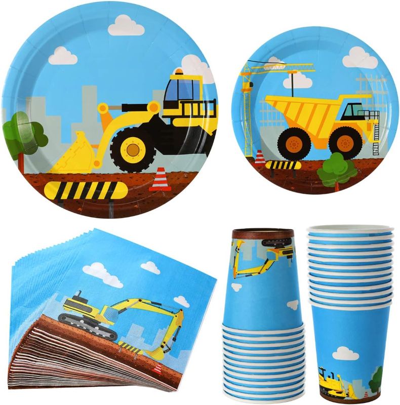 Photo 1 of Construction Birthday Party Supplies Set 196 Pieces For Kids- Serves 10 Guest-Digger Truck Bulldozer Party Tableware Kit - Including Dump Truck Plates, Cups, Napkins