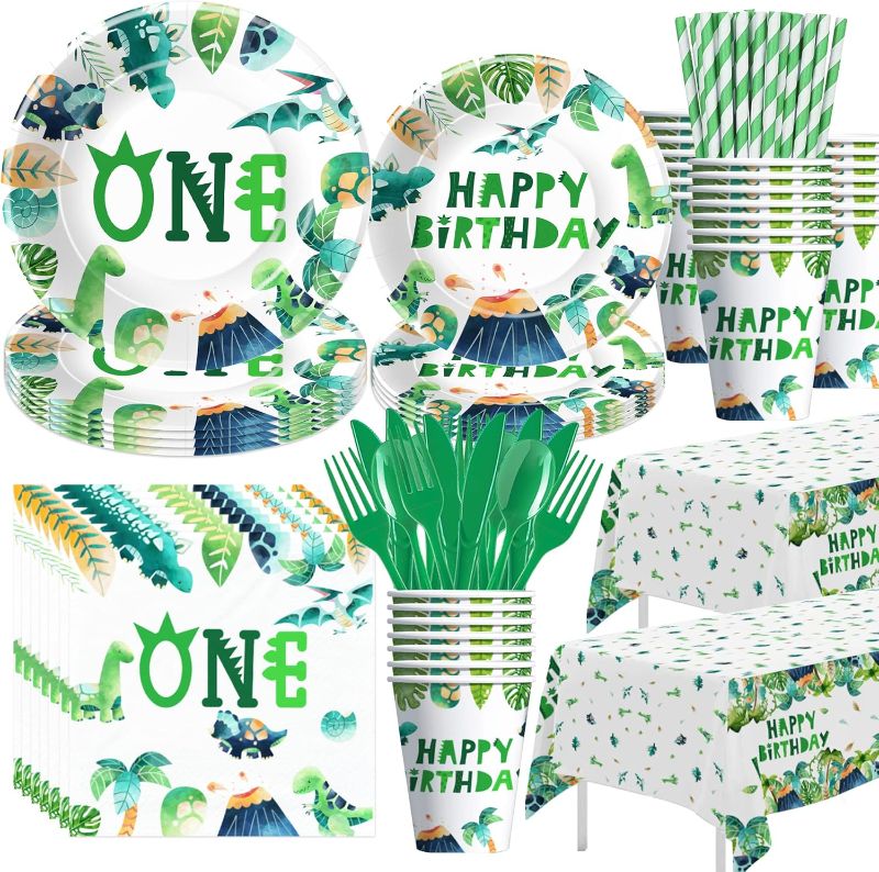 Photo 1 of Dinosaur Birthday Party Supplies - 208 pieces Dinosaur Party Decorations Tableware For First Birthday, Plate, Cup, Napkin, Tablecloth, Cutlery, Straw, Dino 1st Birthday Decorations Dinnerware | Serves 10