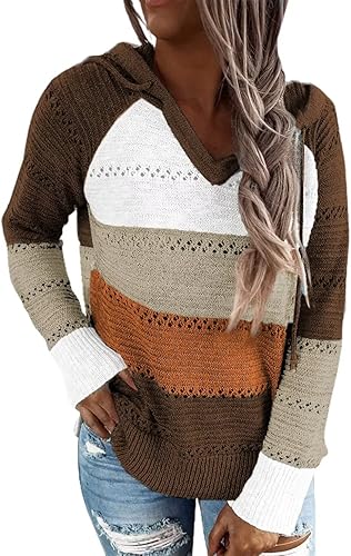 Photo 1 of Medium Women Color Block Hooded Crochet Striped Sweaters Lightweight Drawstring Hoodies Pullover Trendy Sweatshirts