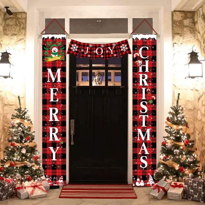 Photo 2 of Christmas Decorations for Home - Modern Farmhouse Decor - Merry Christmas Red Buffalo Plaid Porch Signs - Merry Christmas Banners for Indoor Outdoor Front Door Living Room Kitchen Wall Party